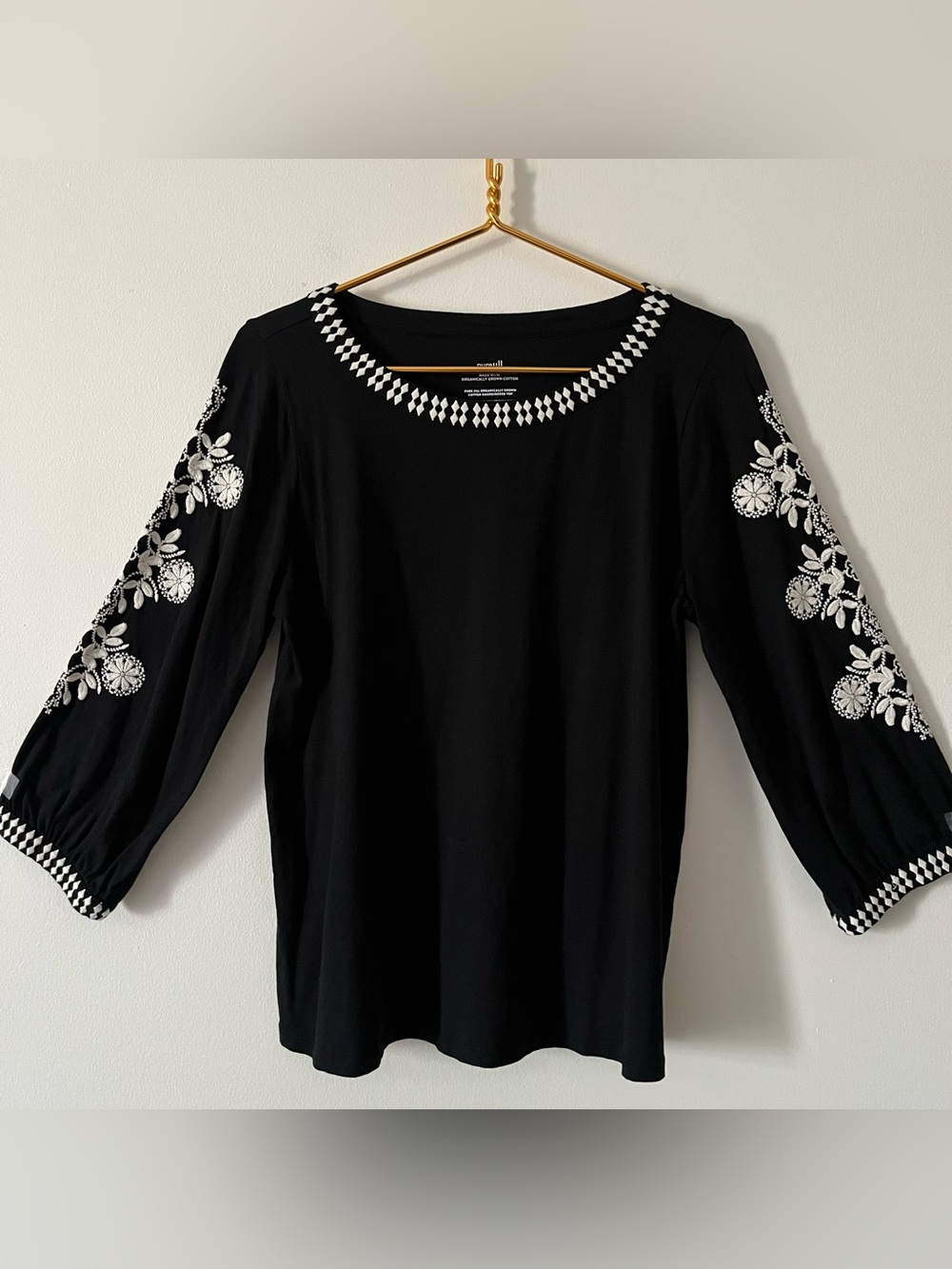 J.Jill Black White Floral Embroidered Peasant Sleeve Top Romantic Relaxed M P